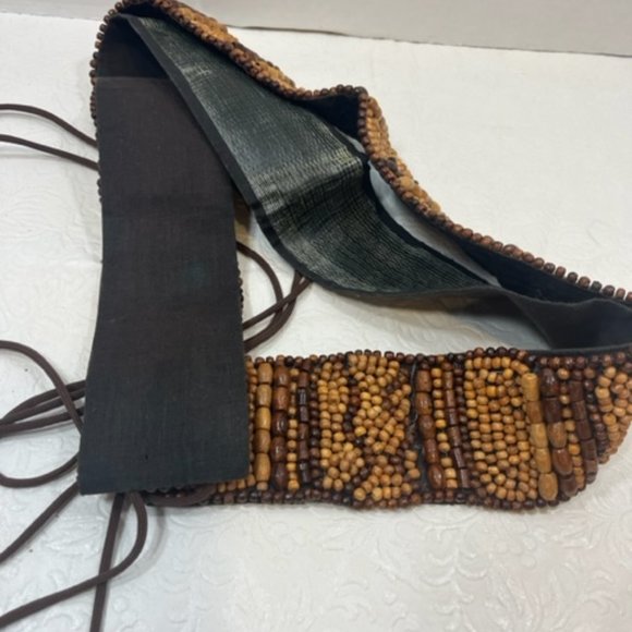 BOHO Intricate Brown Beaded Hip Tie Belt Wood Beads Hippie Adjustable - Picture 3 of 13